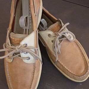 Sperry Men's 10M Tan & Cream Leather Boat Shoes. Soles Intact. Nicely Worn.